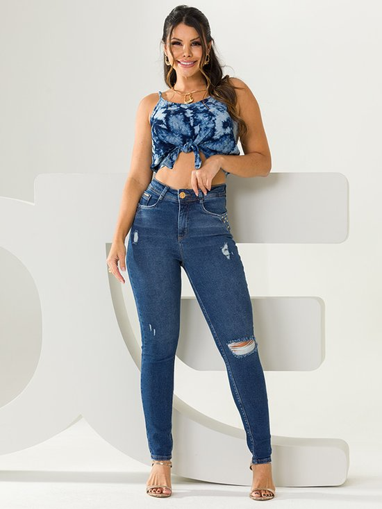 Calça Feminina Jeans Cigarrete Destroyed Safira