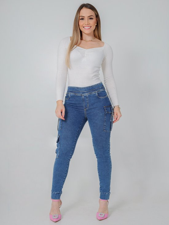 Calça Feminina Jeans Cigarrete Jogging Bolso Cargo