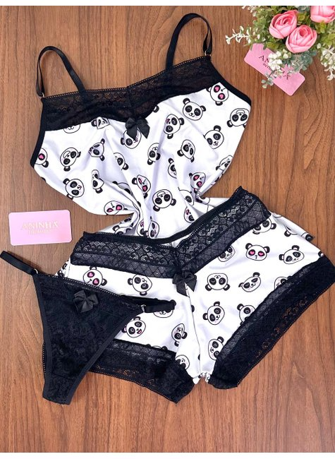KIT Baby Doll Estampado Panda + 2 Calcinhas de Brinde