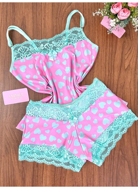 Baby Doll Estampado - Rosa Babaloo com Corações Verde Aquaril