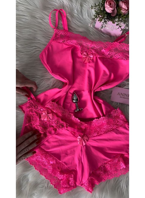 KIT Baby Doll + Calcinha + Plug - Rosa Neon
