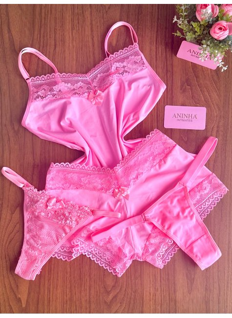 KIT Baby Doll Color + 2 Calcinhas de Brinde - Rosa Babaloo