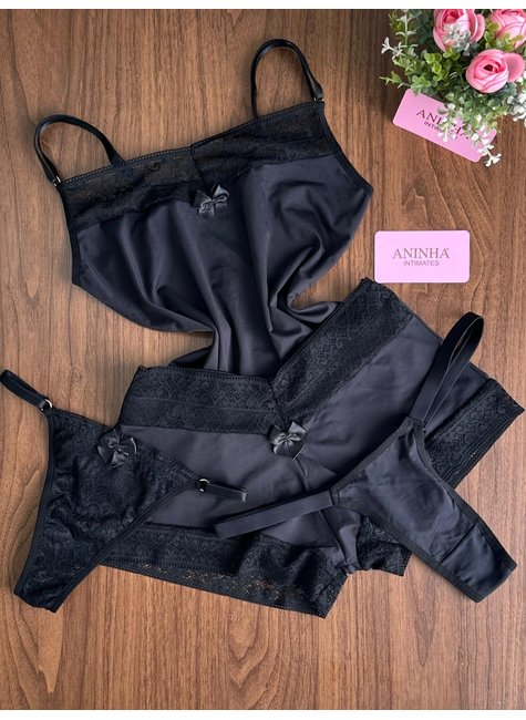 KIT Baby Doll Color + 2 Calcinhas de Brinde - Preto