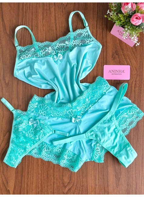 KIT Baby Doll Color Azul Neon + 2 Calcinhas de Brinde