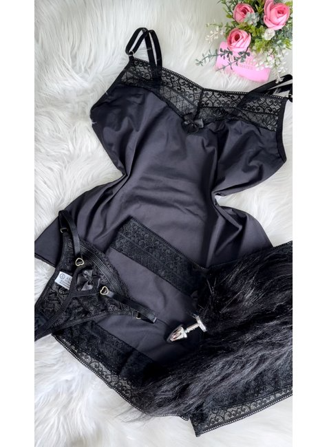 KIT Baby Doll + Calcinha Anita + Plug com Rabo - Preto