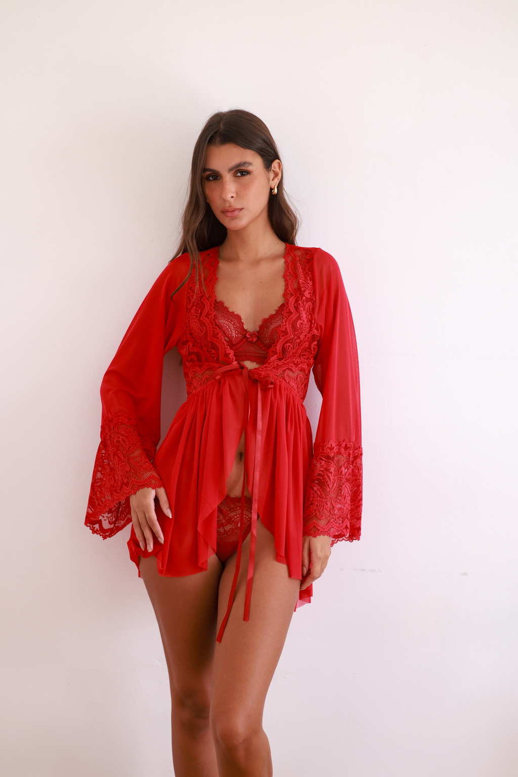 Conjunto Bela Dama com Robe Mistério em tule e renda, com amarração (3 peças)