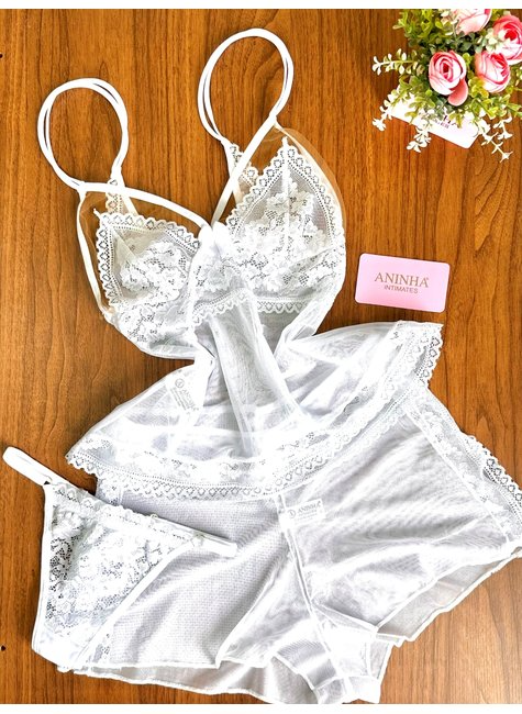 KIT Baby Doll Tule - Branco + 1 Calcinha de Brinde