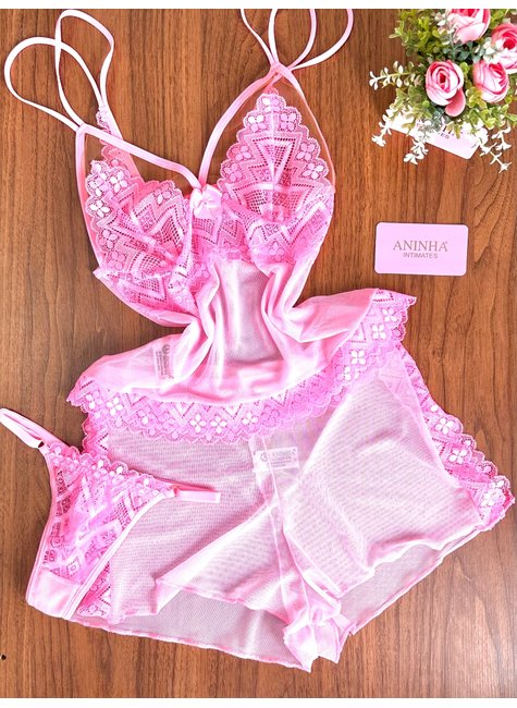KIT Baby Doll Tule - Rosa Babaloo + 2 Calcinhas de Brinde