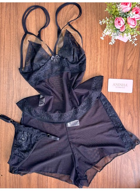 KIT Baby Doll Tule + Calcinha - Preto