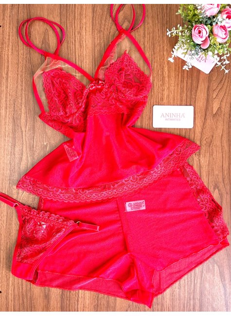 KIT Baby Doll Tule + Calcinha - Vermelho