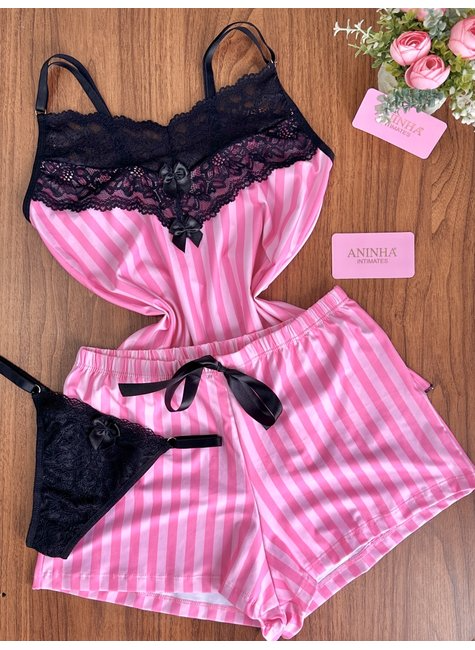 KIT Baby Doll Aurora + Calcinha - Listras Babaloo com Preto