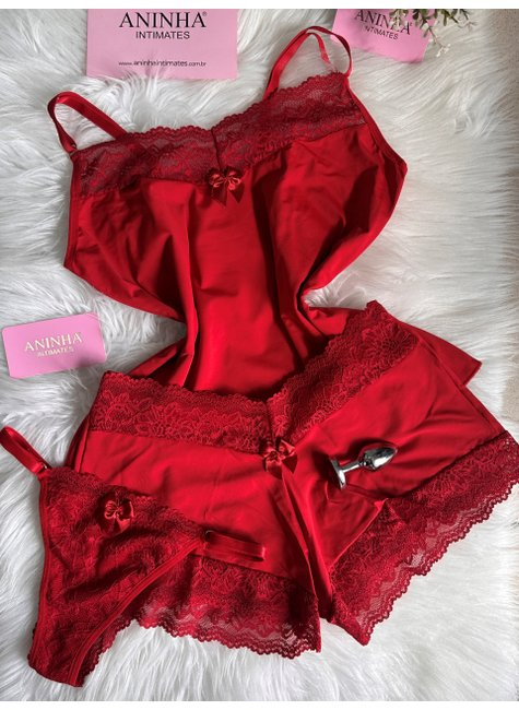 KIT Baby Doll + Calcinha + Plug - Vermelho
