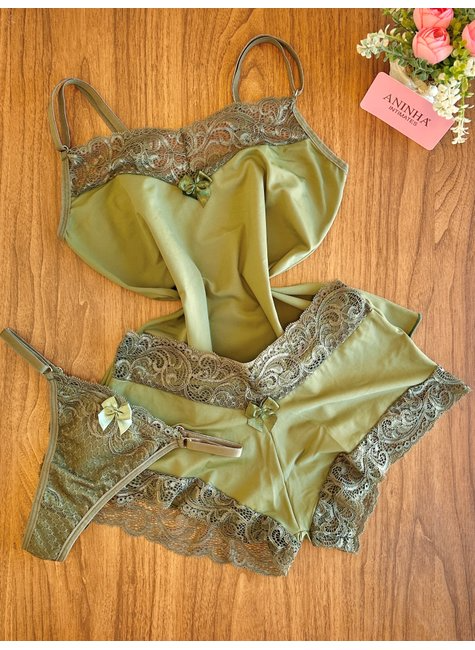Kit Baby Doll Winter Color Verde Militar + 2 Calcinhas de Brinde