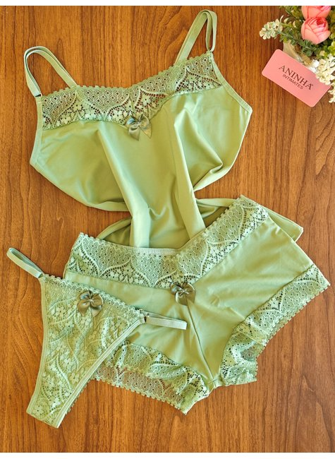 Kit Baby Doll Winter Color Verde Alecrim + 2 Calcinhas de Brinde