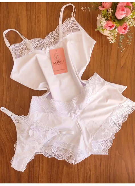 KIT Baby Doll Color Branco + 2 Calcinhas de Brinde