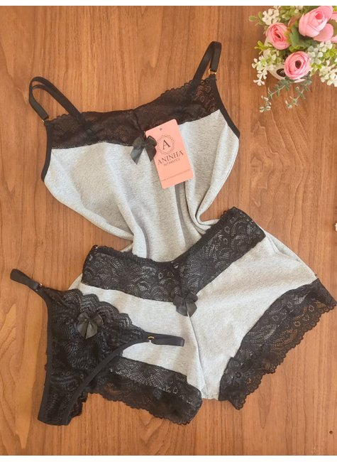 KIT Baby Doll Cotton + 2 Calcinhas de Brinde - Mescla com Preto
