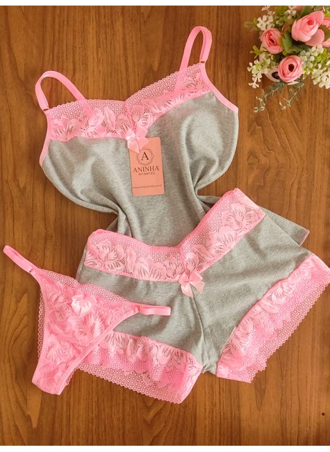 KIT Baby Doll Cotton + 2 Calcinhas de Brinde - Mescla com Rosa Babaloo
