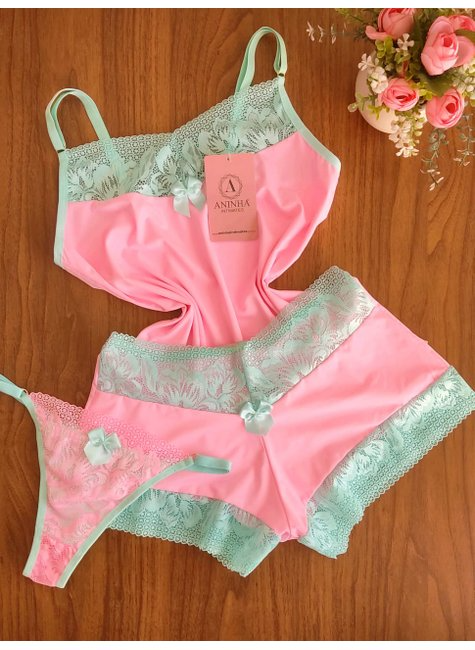 KIT Baby Doll Bicolor + 2 Calcinhas de Brinde - Babaloo com Aquaril