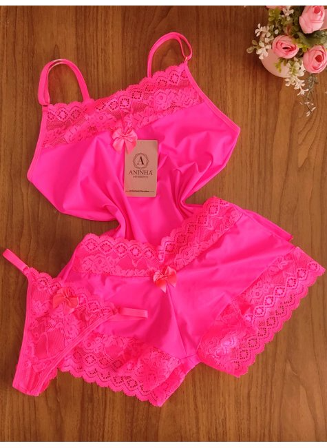 KIT Baby Doll Color Rosa Neon + 2 Calcinhas de Brinde
