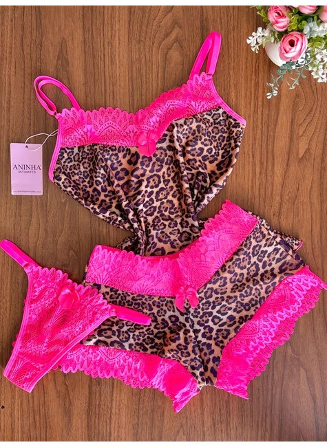 KIT Baby Doll Color Animal Print Rosa + 2 Calcinhas de Brinde