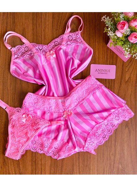 KIT Baby Doll Estampado + 2 Calcinhas de Brinde - Listras Rosa Babaloo