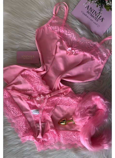 KIT Baby Doll + 2 Calcinhas Anita + Plug com Rabo - Rosa Babaloo