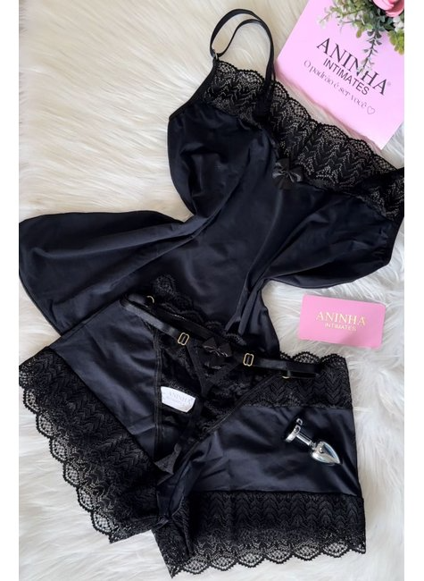 KIT Baby Doll + 2 Calcinhas Anita + Plug - Preto
